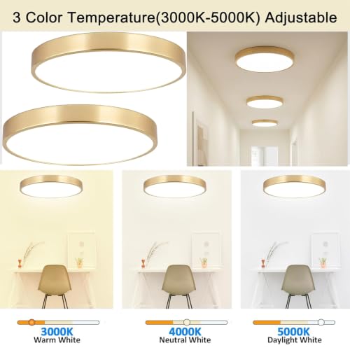 12 Inch Brushed Gold LED Ceiling Light - Modern Flush Mount Fixture with 3 Color Temperatures