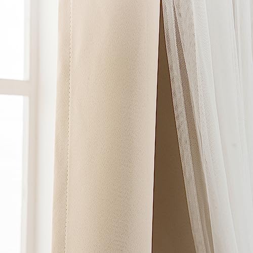 INLINAS Blackout Curtains with Sheer Overlay Beige 52x96 Inches Pack of 2