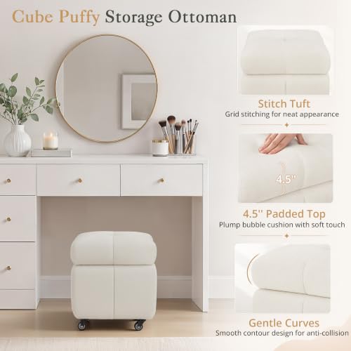 LUE BONA Beige Square Storage Ottoman with Wheels, 17.4L Tufted Foot Rest & Hidden Storage