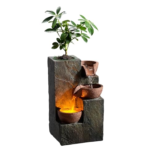 Dark Grey 3-Tier Indoor Water Fountain with LED Light, Tabletop Rock Waterfall