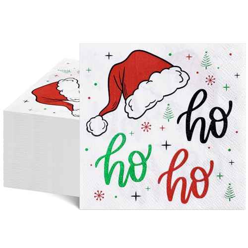 100 Pcs Funny Christmas Napkins, Disposable Christmas HoHoHo Cocktail Napkins Santa Holiday Paper Napkin Xmas Beverage Dessert Napkin for Winter, Holiday Dinner, 5 * 5 Inch