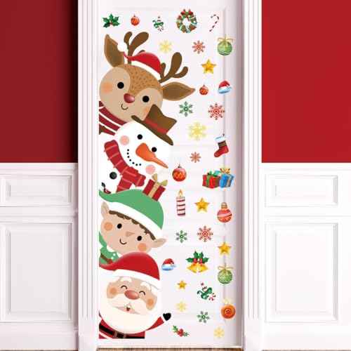 44.88 x 15.75 Inch Christmas Door Decals Christmas Santa Claus Elk Snowman Door Sticker Decor for Holiday Christmas Kids Baby Nursery Playroom Bedroom Classroom Kindergarten Holiday Wall Decor