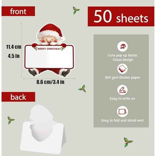 50pcs Christmas Place Cards for Table Setting Santa Claus Table Name Cards for Holiday Party Buffet Dinner Tented Foldable (Santa Claus)