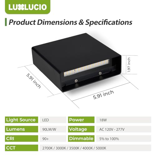 LUXLUCIO 2 Pack Black Up & Down LED Wall Lights - Waterproof Dimmable Modern Porch & Bedroom Fixture