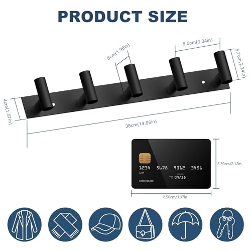 Black Wall Mount Coat and Hat Rack with 5 Hooks - 2 Pack