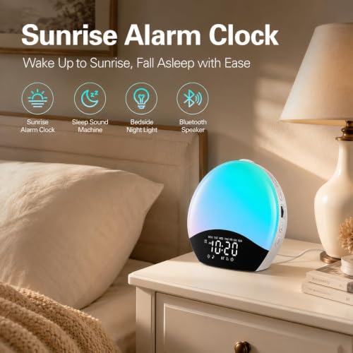 Sunrise Alarm Clock with White Noise & Bluetooth - Black & White, Dual Alarms & Nightlight