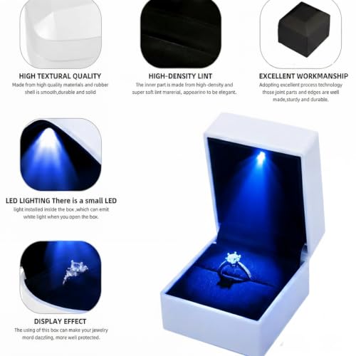 Red Ring Box with Blue LED Light - Square Velvet Jewelry Gift Box for Proposal