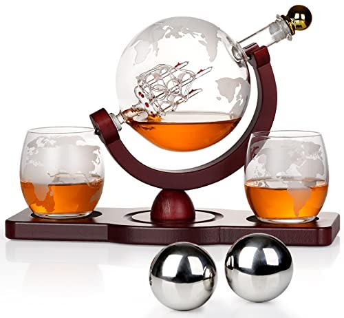 PONPUR Whiskey Decanter Globe Set with 850ml Bottle, 2 Glasses & Chill Stones for Men Dad
