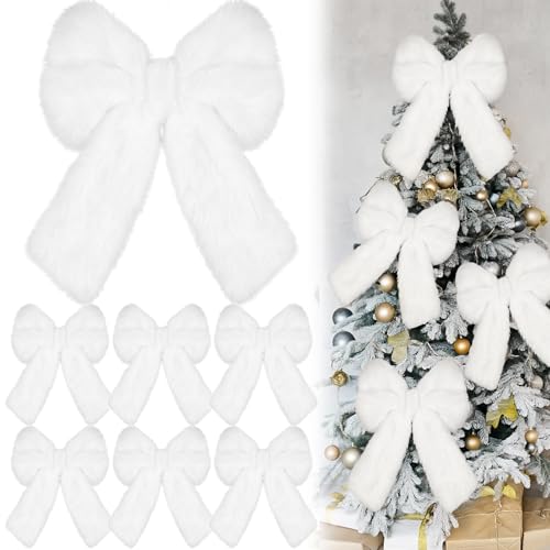 Janinka 6Pcs Large White Faux Fur Christmas Bow Ornaments 13.4 x 9.1 in - White/Plain