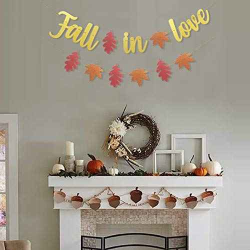 Uniwish Pre-Strung Fall in Love Banner Gold Glittery Garland Thanksgiving Fall Autumn Theme Wedding Bridal Shower Engagement Party Decorations