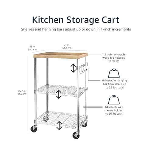 Portable 3-Tier Kitchen Storage Cart with Wheels, Adjustable Shelves, 175 lb Capacity