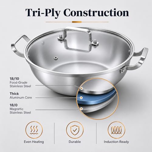 14-Inch Stainless Steel Deep Fry Pan with Lid - 7QT, Tri-Ply Construction