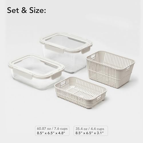 Beige Glass Produce Storage Containers with Removable Colanders and Silicone Lids - 2-Set