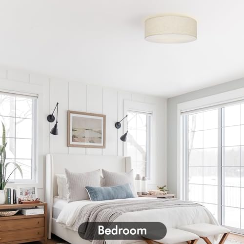 Vexagyle Linen Close to Ceiling Light Fixture - 16 Inch Modern Drum Light with Double Fabric Shade for Bedroom & Living Room
