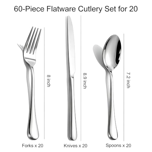 60-Piece Silverware Set for 20 - Stainless Steel Flatware Cutlery Set - Mirror Polished Dinner Forks Spoons Knives for Home Wedding Restaurant - Dishwasher Safe