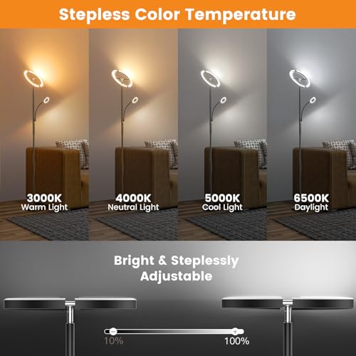 Black LED Floor Lamp with Reading Light - Dimmable Tall Standing Lamp with Remote & Touch Control for Living Room & Bedroom