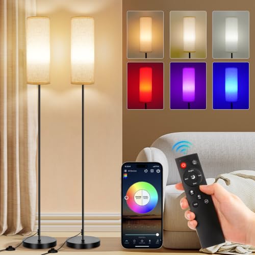 Beige 2-Pack Floor Lamps for Living Room with 9W 800LM Bulbs - Smart RGB Standing Lights