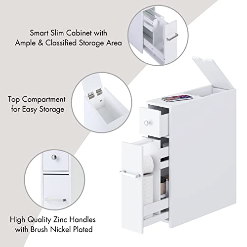 Spirich White Bathroom Storage Cabinet with Toilet Paper Holder - Narrow Floor Unit