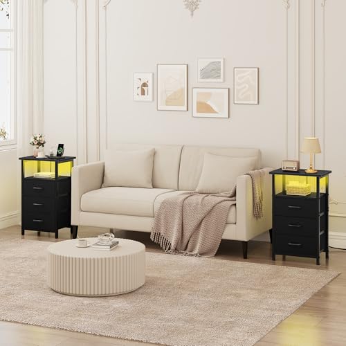 Vagusicc 2-Piece Nightstand Set with RGB LED Charging Stations, Black