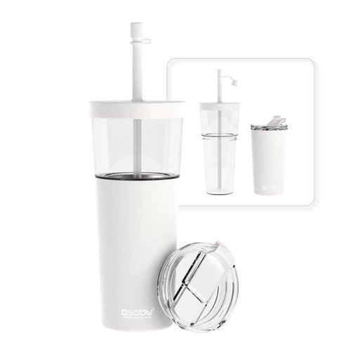 asobu ClearInsulation Flexi Straw Tumbler Marina a Tritan 28 oz Tumbler with 17 Oz Stainless Steel Insulated Sleeve for Ice Coffee or Hot Tea (White)