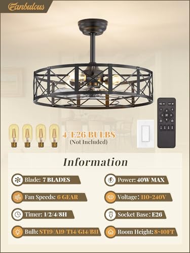 Fanbulous 23-Inch Black Caged Ceiling Fan with Light & Remote Control