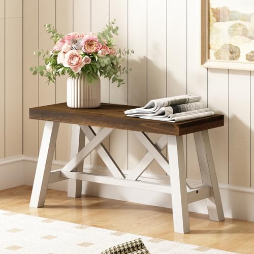 Wnutrees 30-inch White Farmhouse Solid Wood Entryway Bench, Rustic Style