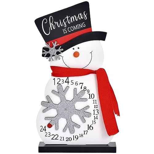 Christmas Countdown Advent Calendar, Wooden Snowman Christmas Decoration, Rustic Farmhouse Merry Christmas Sign, Festive Xmas Decor Centerpiece for Home Table Tiered Tray Mantel (Wood)