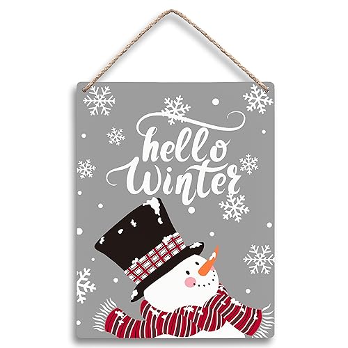FUGWN Hello Winter Snowman Snowflake Christmas Hanging Wooden Signs 8x10, Winter Decorations for Home, Xmas Wall Decor