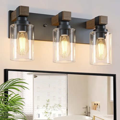 DvmTeom Farmhouse Bathroom Vanity Light Fixture - Black & Wood, 3-Light
