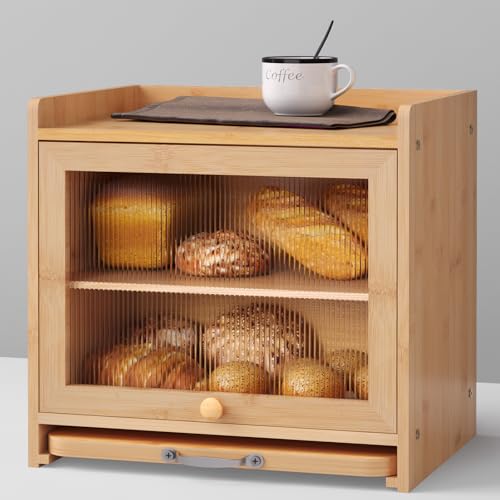 Natural Bamboo Bread Box with Double Layer & Cutting Board - Kitchen Storage