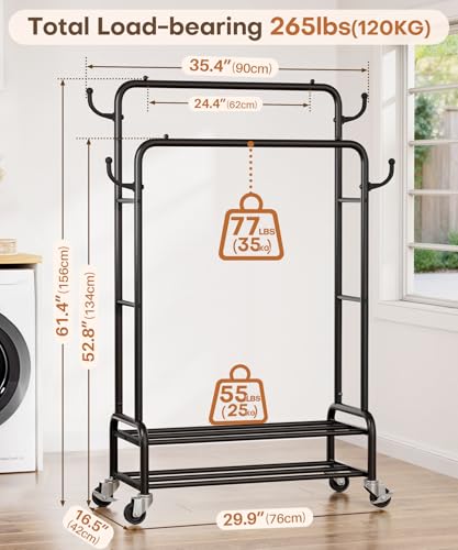 Heavy Duty Garment Rack with 2 Rods & 4 Wheels - Black, 30 Inches