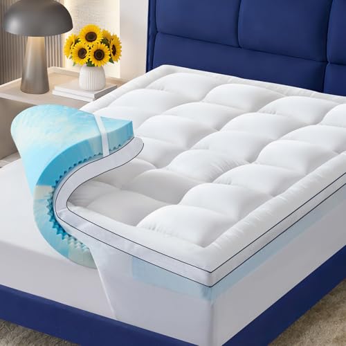 NicePlus Full Dual Layer Memory Foam Mattress Topper with Cooling Gel & Pillow Top, 4 Inch, Elastic Deep Pocket