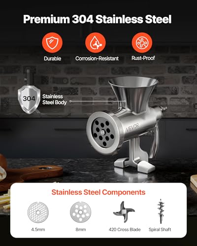 VEVOR Manual Meat Grinder, 304 Stainless Steel Hand Crank Mincer with