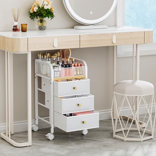 SWTYMIKI White 4-Tier Rolling Makeup Organizer Cart with 3 Large Drawers