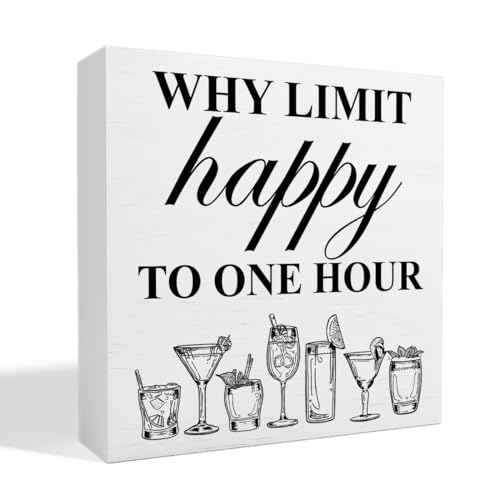 Bar Decor Wooden Box Sign, Home Kitchen Dining Room Drinking Bar Table Decor Cheers Bar Cart Cocktails Decoration, Bar Gifts for Women Men Couples, Limit Happy to One Hour