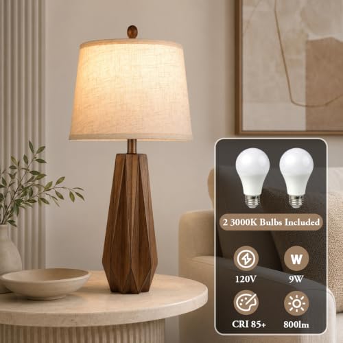 Brown 28-Inch Set of 2 Modern Wooden Base Table Lamps for Living Room & Bedroom - Geometric Design