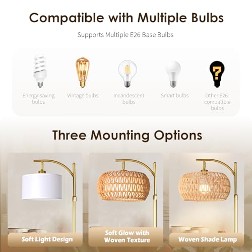 DRAWNCAT Boho Gold Rattan Floor Lamp with Remote, Dimmable 2700K-6000K, Adjustable & 2-in-1 Wicker & Fabric Shade