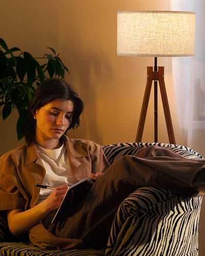 ELYONA Brown Wooden Tripod Floor Lamp with 3 Color Temperatures - Modern Reading & Night Light