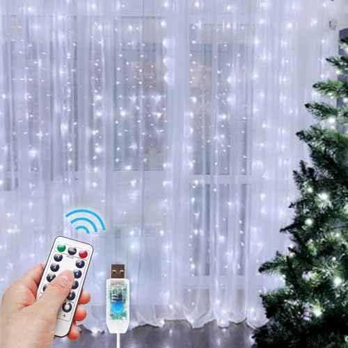 300 LED Fairy Curtain Lights, 9.8 x 9.8FT Cold White USB Plug in 8 Modes String Hanging Lights with Remote for Christmas, Bedroom, Indoor, Outdoor, Weddings, Party (Cold White)