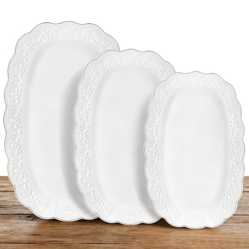 Kassel Large Oval Ceramic Serving Platter Set - 16”, 14”, 12” Extra Large Trays for Entertaining & Weddings