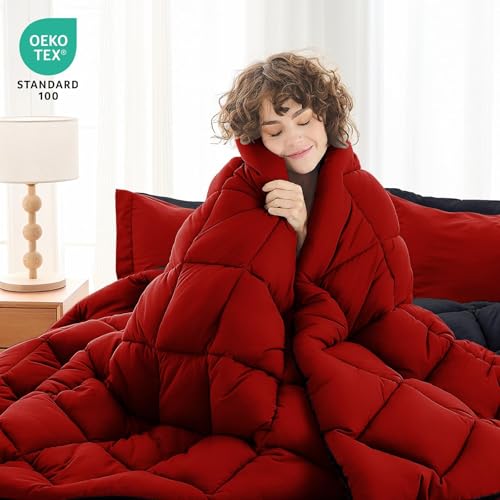 Twin Comforter Set 5-Piece Reversible Bed in a Bag - Red & Black, 68x88