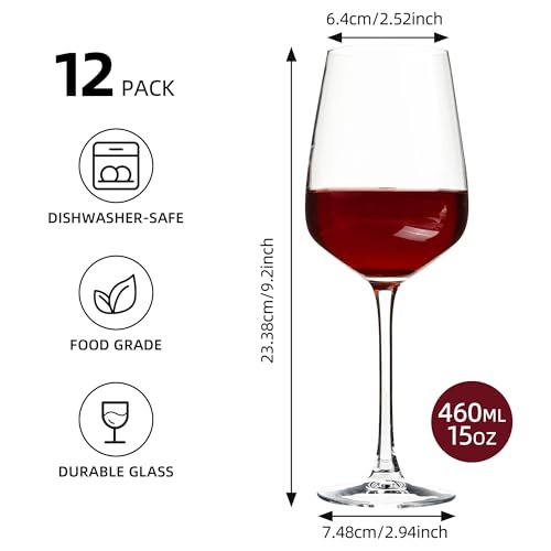 YARYOUNG 12-Pack 15oz Thickened Stemmed Wine Glasses Set for Red & White Wines