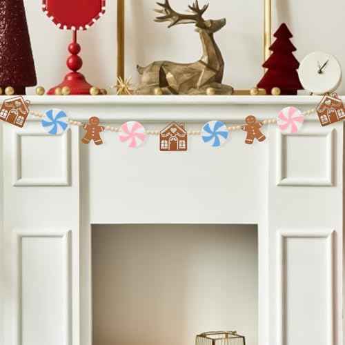 Pink Gingerbread Christmas Decorations- Pastel Candyland Christmas Decorations Candy Garland with Felt Gingerbread House - Winter Party Decor Indoor