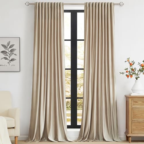 Beige Champagne Velvet Curtains Set of 2, 52W x 108L Inches, Room Darkening, Rod Pocket & Back Tab, Living Room & Bedroom