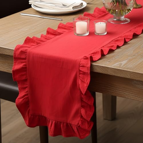 Red Ruffled Table Runner 118 Inches Long with Scalloped Edge – Oudain, 9.8 ft x 13.8 in