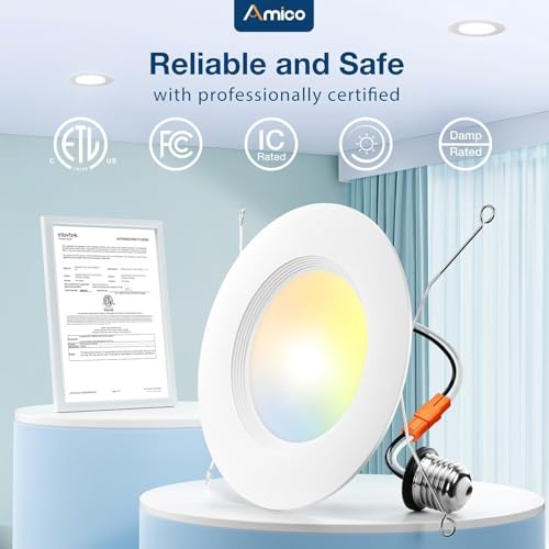 Amico 6 Pack 6 Inch Recessed LED Can Lights with 5 CCT, White, E26 Retrofit Trim Kit