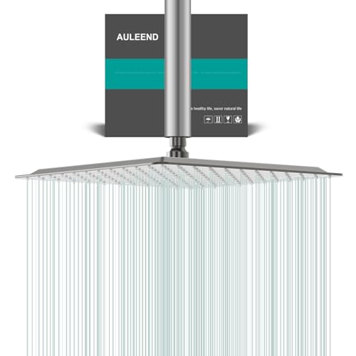 AULEEND 12-Inch Brushed Nickel Rain Shower Head - High Flow All Metal Square Design