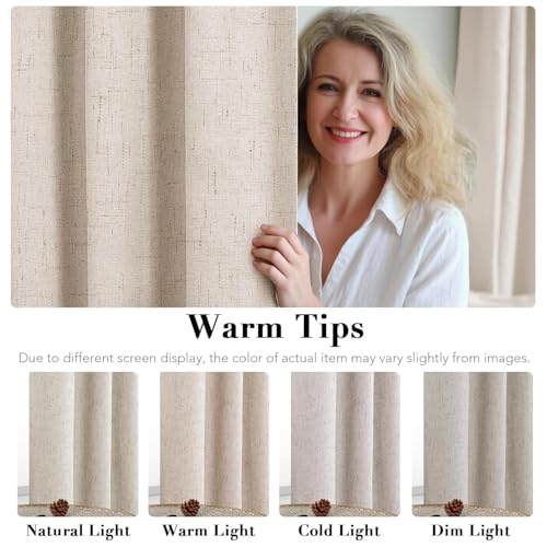 Natural 52x90 Inch Blackout Linen Curtains - Pack of 2, 100% Light Blocking, Noise Reducing Window Drapes