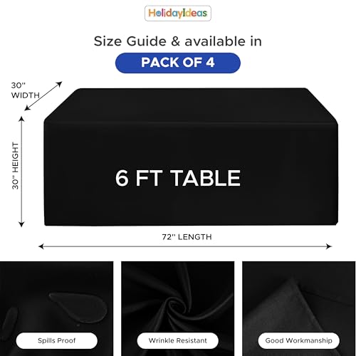 Black 6ft Table Cloths Set - 4 Pcs 30x72 Inch Fitted Table Covers for Events