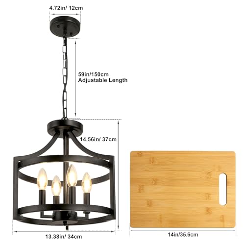 4-Light Farmhouse Chandelier Black Semi Flush Mount Ceiling Light - Adjustable Height, Rustic Style